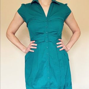 Turquoise button up dress.